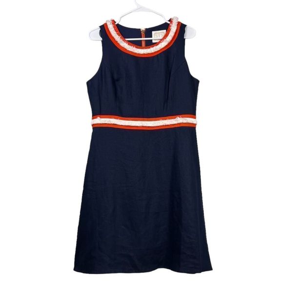 Sail to Sable Raw Trim Details Blue Red Linen Dress Size 10 - Picture 1 of 12